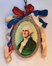 GEORGE WASHINGTON PORTRAIT w RIBBONS * Glitter JULY PATRIOTIC ORNAMENT * Vtg Img