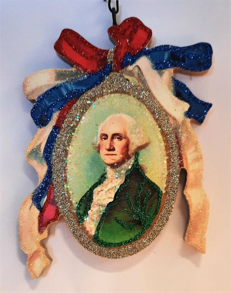 GEORGE WASHINGTON PORTRAIT w RIBBONS * Glitter JULY PATRIOTIC ORNAMENT * Vtg Img