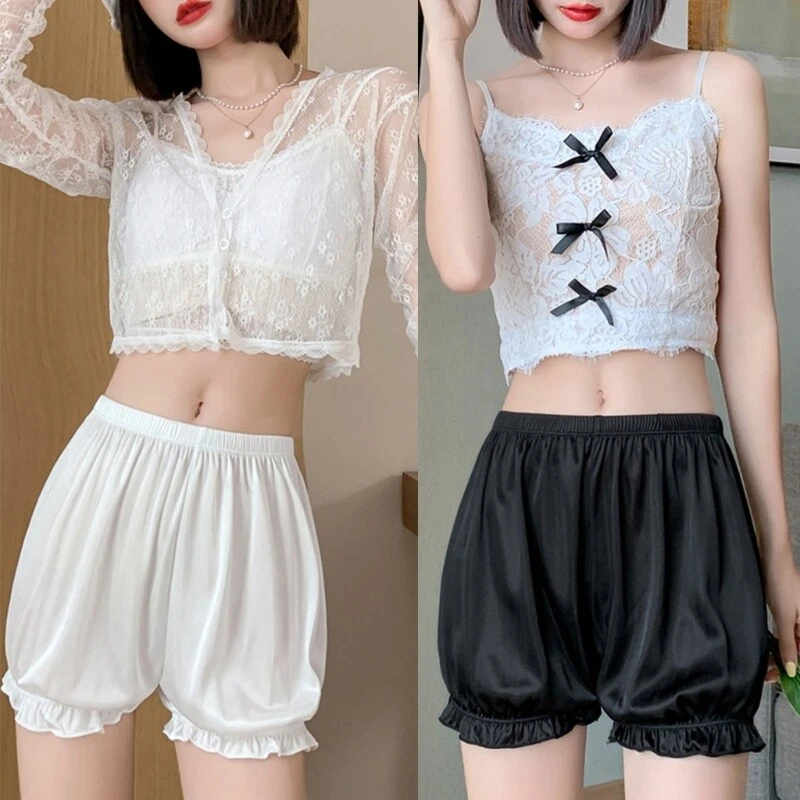 Women Girls Silky Satin Underpants Ruffle Pumpkin Lace Trim Safety Pants - Image 2 of 4