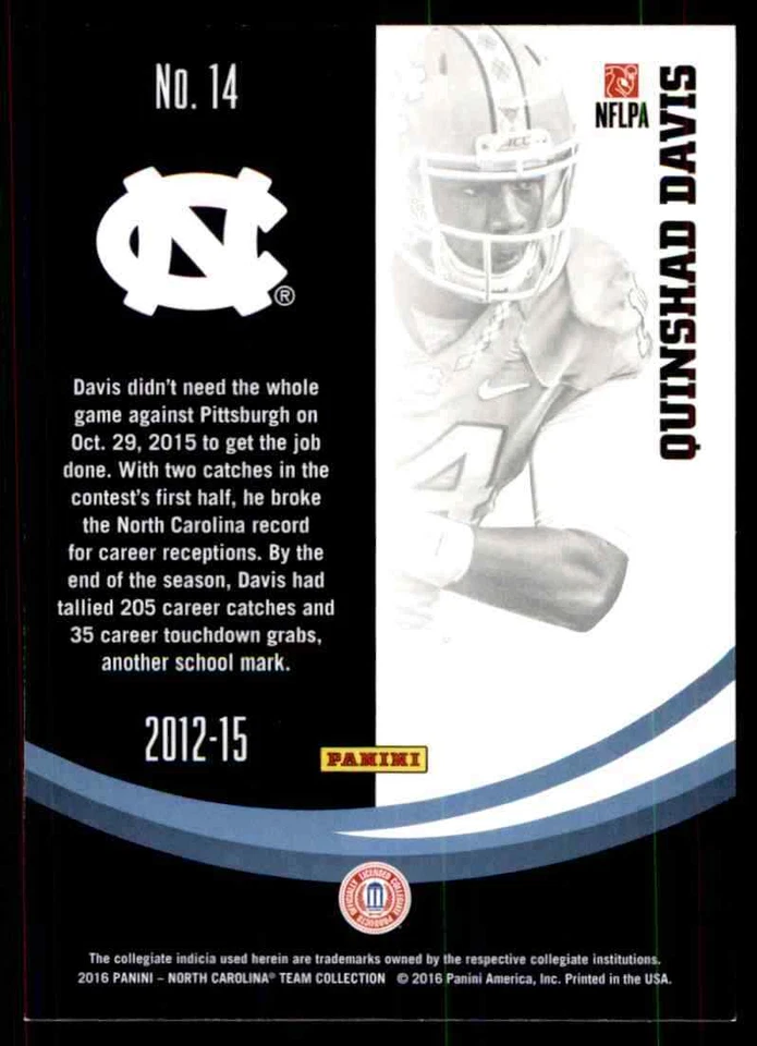 2016 Panini North Carolina Quinshad Davis #14 - Image 2 of 2