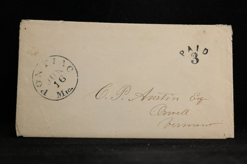 Michigan: Pontiac 1854 Stempelloser Brief + Brief, schwarze CD & BEZAHLTE 3 im Bogen