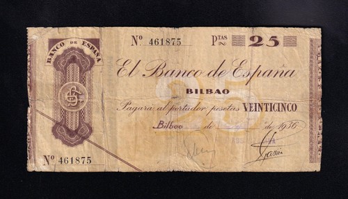 F.C. BANCO DE BILBAO , 25 PESETAS 1936 , MBC- , CAJA DE AHORROS VIZCAINA . - Imagen 1 de 2