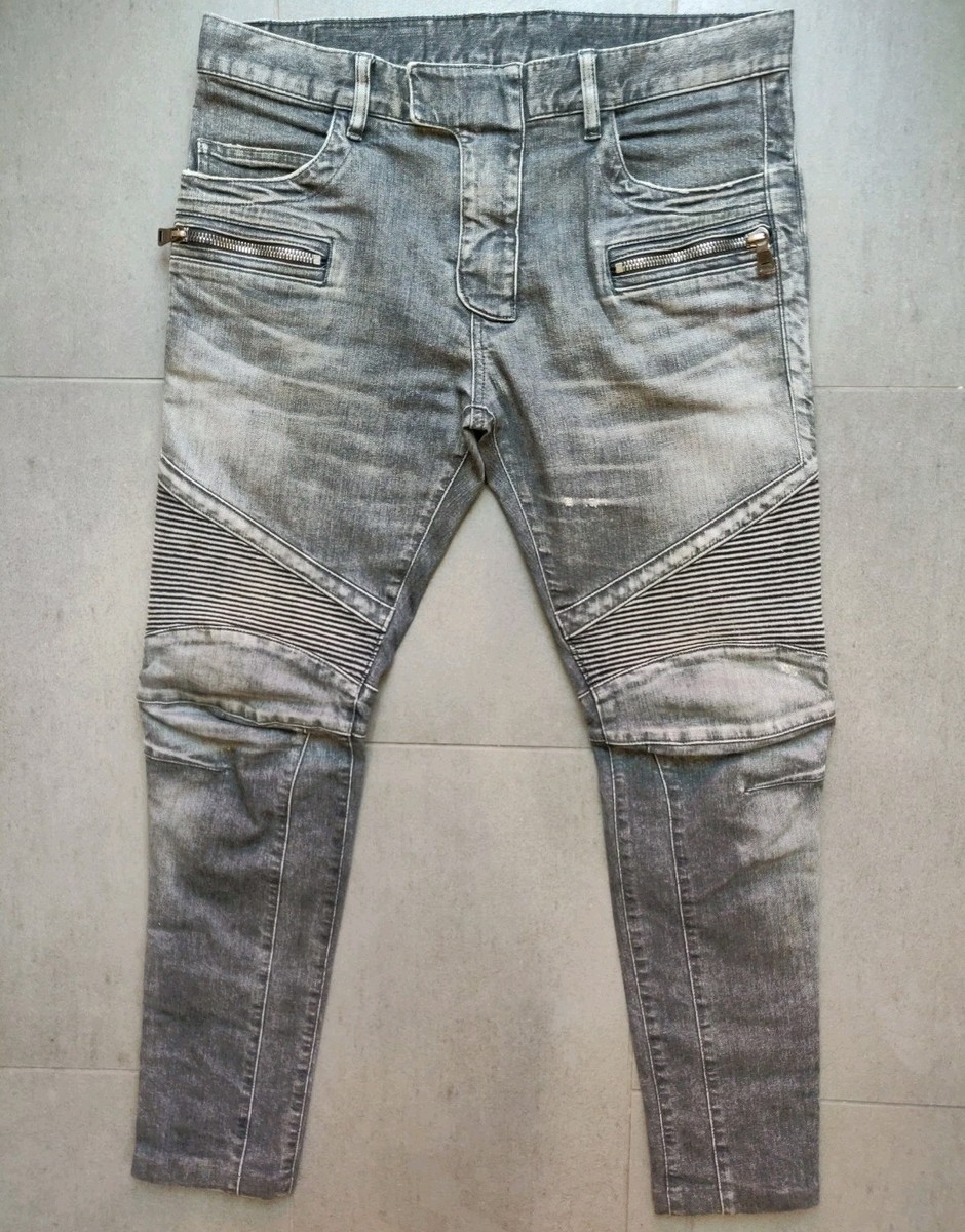 Balmain SS15 Grey Denim Moto Biker Skinny Jeans Mens 32 Japan