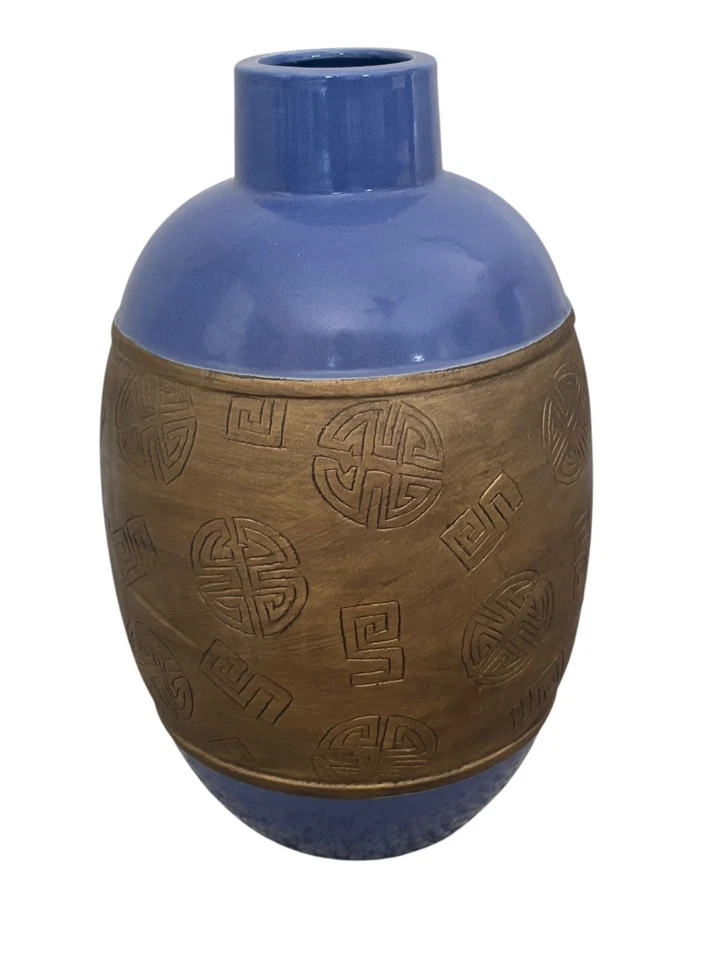 Jarrón artesanal de inspiración asiática azul y dorado muelle de cerámica 1 importaciones 12" x 7" Foto 3 de 4