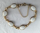 Vntg Milk  Glass & Gold toned Scarab Bracelet 8” Egyptian Revival Pressed Glass