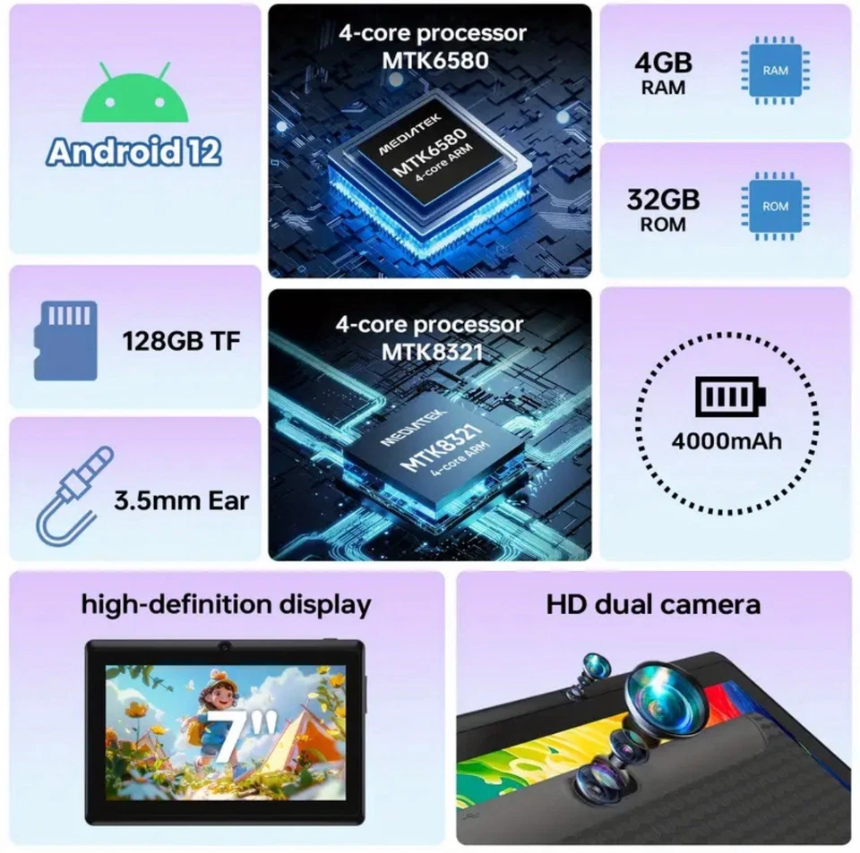 📱 Tablette tactile Atar – Android 12, 7 pouces, 4go 32go Extensible 128goNeuve - Photo 4/4