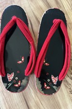 Japanese Wooden Geta Red Butterfly Laquer Painted Clogs, size 16.5 cm With Box