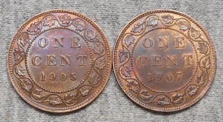Lot Of 2 Nice Canada Large Cent Coins 1905 & 1907
