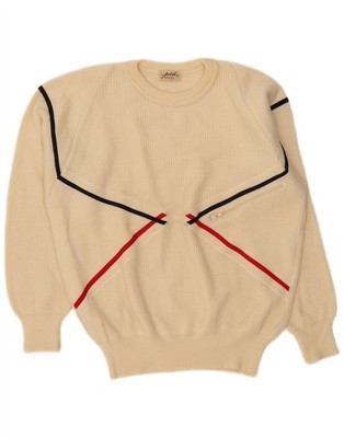 Vintage Damen Rundhals Pullover Pulli UK 20 2XL cremeweiß gestreift Wolle DW16