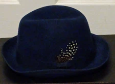 Fedora Hat with Feather Blue 100% Wool Felt Men 57cm Forbusite goon