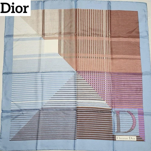 Authentique écharpe Christian Dior rayures logo D marque bleu ciel 100% soie 78 x 76 cm