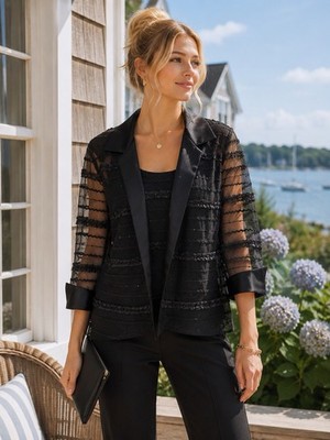 R&M Richards Women's 10 Black Sheer Sleeve Jacket Top Blouse Party Evening