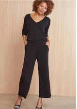Michael Stars Black Jumpsuit V Neck 3/4 Sleeve Wide Leg Elastic Waistline Size M