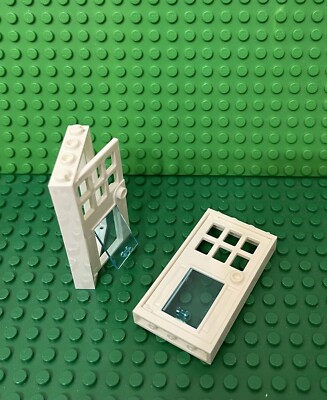 Lego 2 White Door 1x4x6 w/ 6 Panes,Stud Handle,Cutout for Pet Hole W/ Flap Door