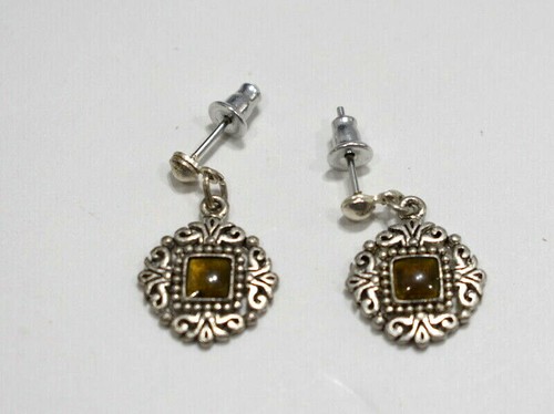 Earrings Stud Drop Dangle Round Green Glass Cabochon Silvertone Scroll Filigree - Picture 4 of 6