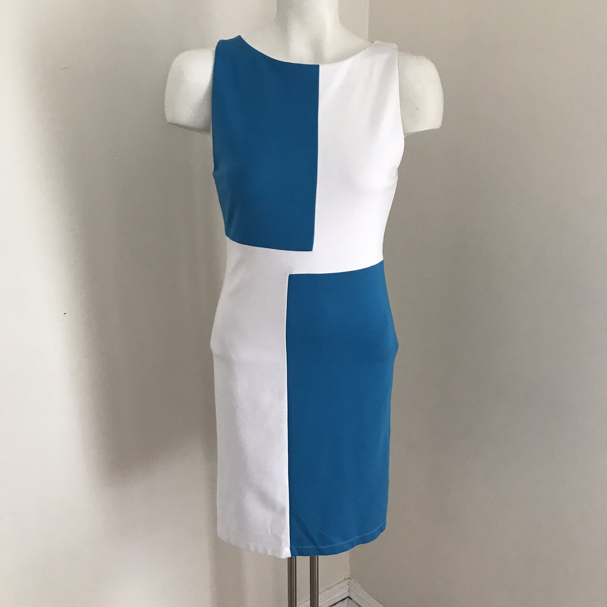 Alice + Olivia Color block Dress Blue Ivory Sleeveless Scoop Neck Back  Zipper 2 | eBay