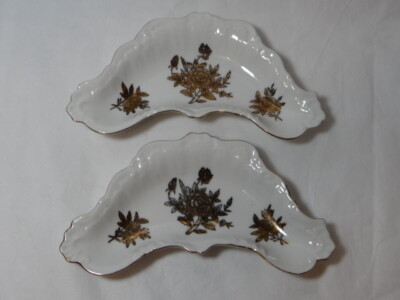 Arnart Porcelain Bone Dish Crescent White Gold Flowers Embossed Vintage #5341