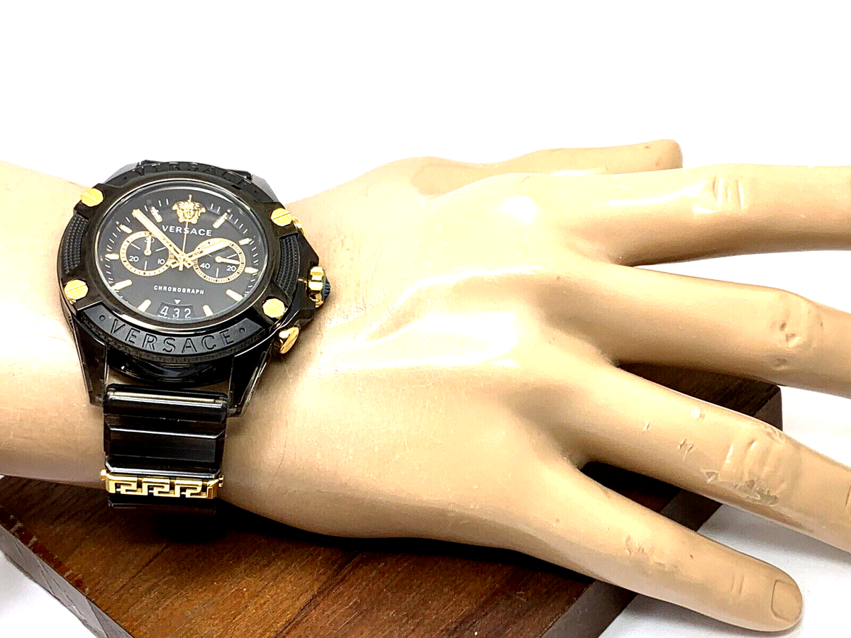 VERSACE ゴールド ブラック クロノグラフ Versace Men's Watch VEZ700421 Icon Active Swiss Quartz Chronograph