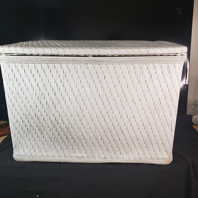 Vintage MCM Burlington Basket Co. Wicker Hinged Lid Laundry Hamper White Rare