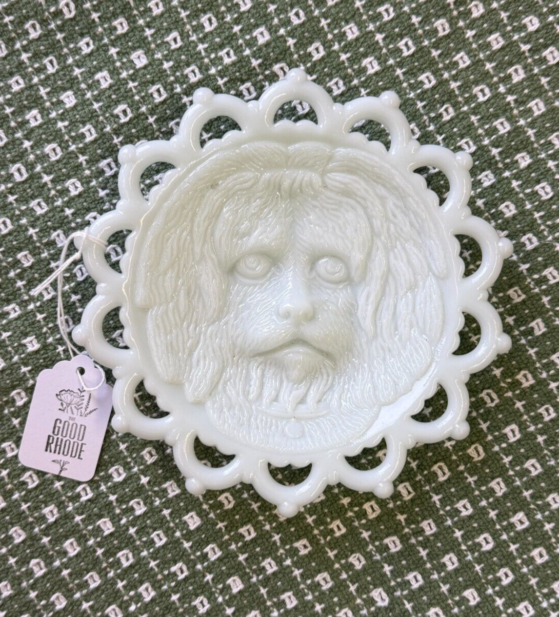 Antique Westmoreland Milk Glass Dog Collectible Plate