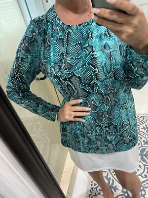 Chico's Blue Green  Black Animal Print Classic Shirt size 2 pullover Women