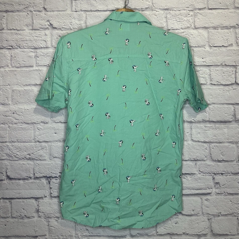 Peanuts Mens Snoopy Button Up Short Sleeve Shirt  Blue Green Size S - Image 2 of 4