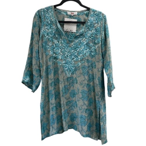 Amaya Sabrina Hand Embroidered 100% Silk Tunic 3/4 Sleeves Size 38 or Small New