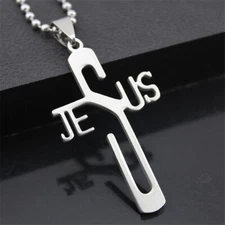 Jesus Name Cross Pendant Necklace Womens Mens Stainless Steel Christian Silver
