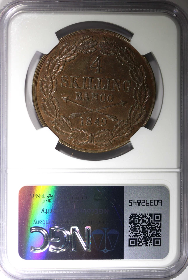 Sweden Oscar I 1849 4 Skilling Banco 37.2 mm 1st Year NGC MS62 BN KM# 672 (002) - Image 3 of 4