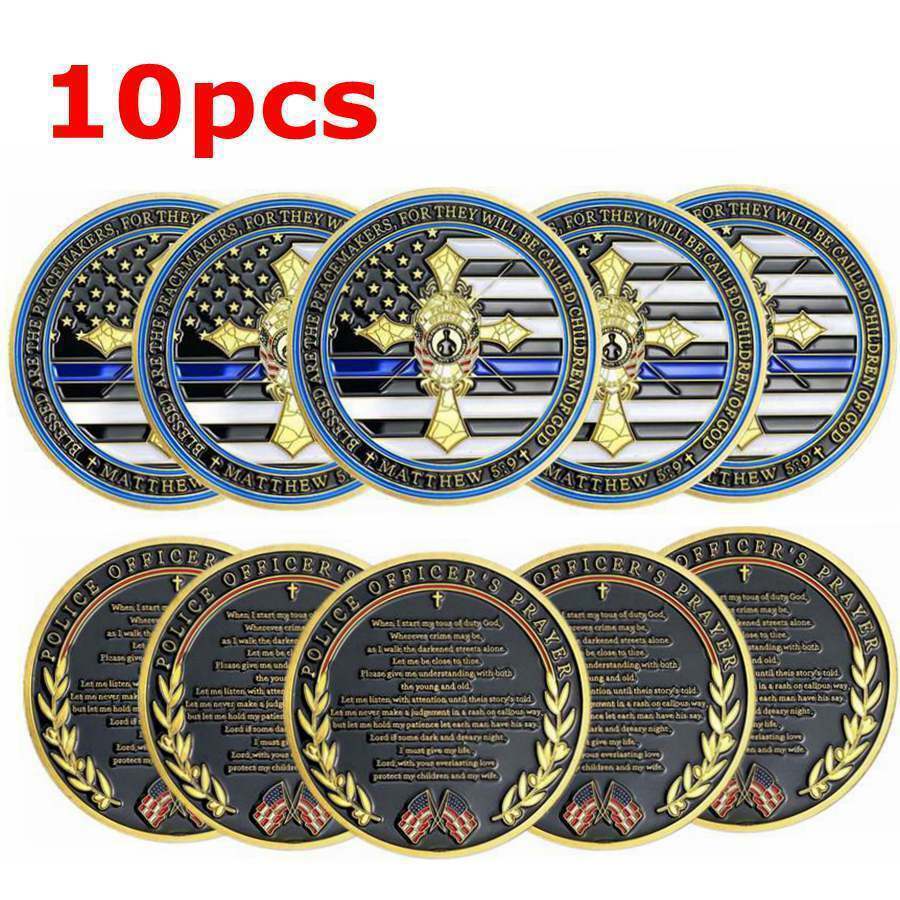 10 piezas Moneda de Desafío de la Aplicación de la Ley Una Línea Azul Delgada Mateo 5:9 Oración de los Oficiales