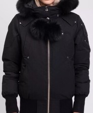 MOOSE KNUCKLES Down Debbie Bomber Jacket Size M Blue Fox Fur Pom Poms
