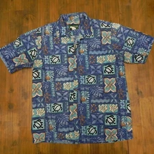 Island Aloha Wear Mens Hawaiian Aloha Shirt Large Blue Floral Geometric Abstract