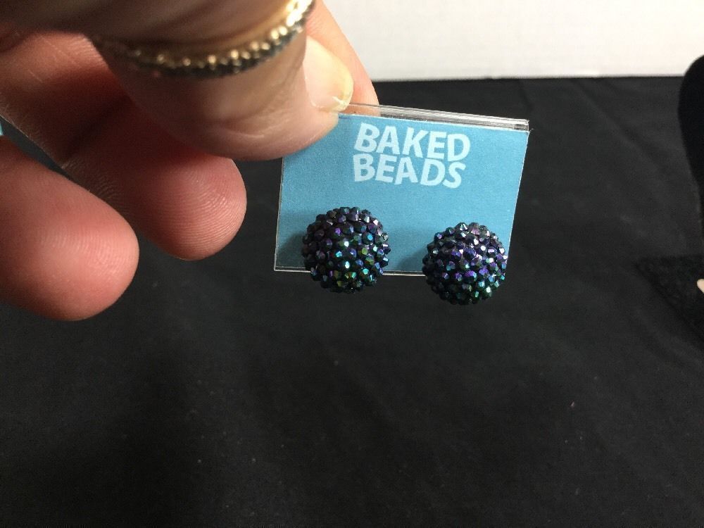 Baked Beads Earrings Purple Yellow Gold Crystals Textured Sphere Balls