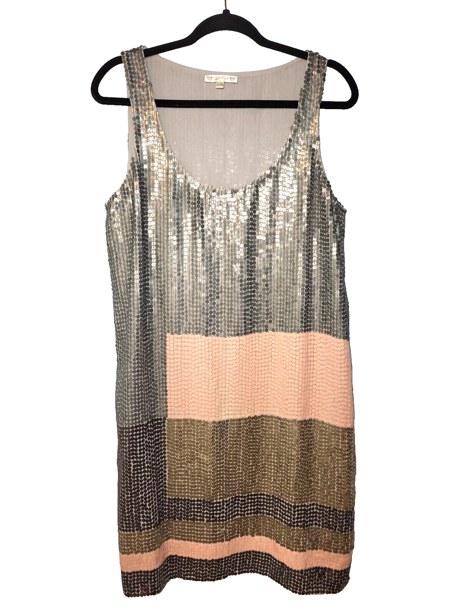 Gold Hawk Sequin Putty Color Blocked Tank Sheath Dress Round Neck Size  Large | eBay