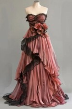 Cute Pink Black A-line Strapless Tulle Long Prom Dress Vintage Applique Evening