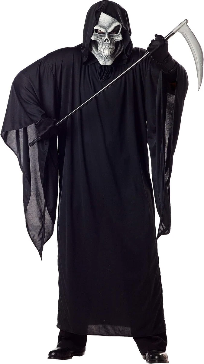 Costume Halloween Uomo Triste Mietitore Deluxe - Set Completo Con Mantello, Falce, Guanti E Maschera - Taglia Unica 140 Cm