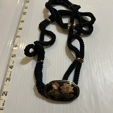 Vintage cloisonn  Rope belt. Buckle Black With Flowers Lotus   Retro/ Boho