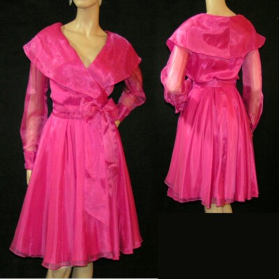 Vintage ELLYN 80s Positively Pink Wrap Flare Skirt Party Bridal Social Dress 6-8