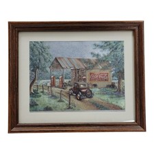 Vtg 1994 Coca-Cola Art Print Martin's Garage Foil Lithograph Framed Scafa 10x12
