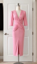 Women’s Pink Knit Maxi Dress Size 8 Ruched V Neck 3/4 Sleeve Bodycon Stretch