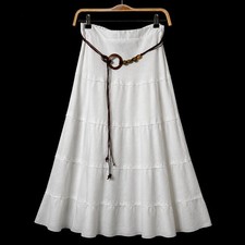 NWT Boho Tiered Maxi Skirt Womens Small Cream Linen Blend Beaded Belt Coastal