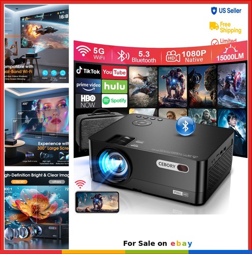 Projector Native 1080P 15000 Lumens 5G WiFi Bluetooth 300 Inch Display 4K