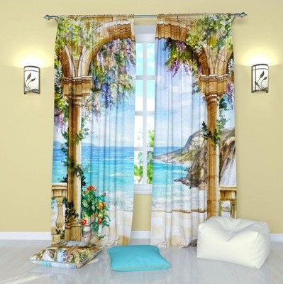 Landscape Curtains View Through Arch Road to The sea Two Window Panels