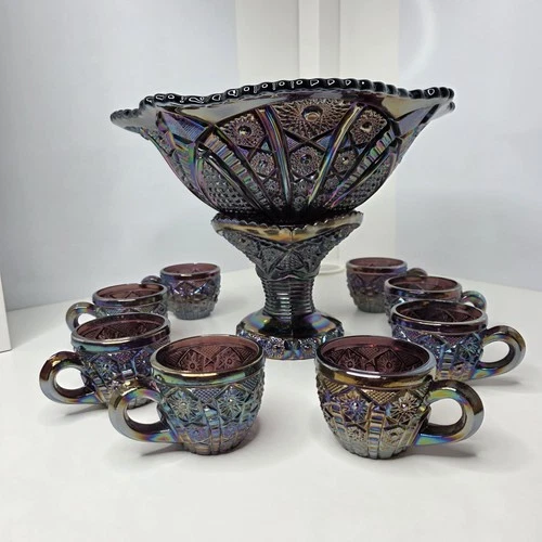Indiana Carnival Amethyst Pedestal Punch Bowl Set Heirloom 1970s 11pc Set *Flaws