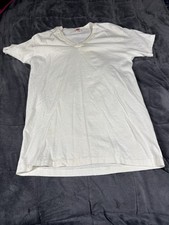 Vintage 80s Hanes Blank White T-Shirt Sz XL V-Neck Made In USA Single Stitch