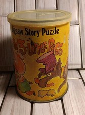 Vintage THE 3 LITTLE PIGS Jigsaw Story PUZZLE 10.5" Round - 52 Pc TIN 1968