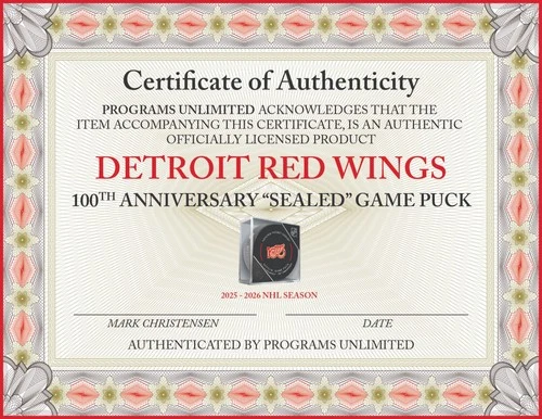 2025 DETROIT RED WINGS 100TH ANNIVERSARY GAME PUCK CUBED NHL HOCKEY SEALED COA - Picture 4 of 4