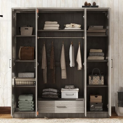 4 Door Wardrobe Armoire Closet with 1 Drawers for Bedroom Storage Cabinet, Gray