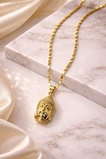 18ct Gold Filled Buddha Head Necklace With CZ Stones & 50cm Italian Link Chain