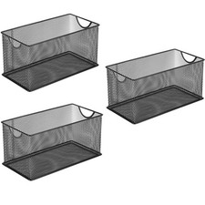 "Set of 3 Metal Wire Mesh Storage Baskets with Handles for Home Office"